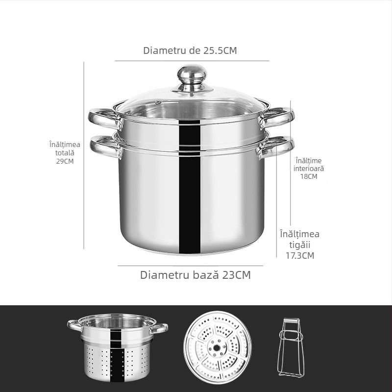 Oală multifuncțională pentru paste cu abur dublu, din oțel inoxidabil, capac din sticlă, model GC5484