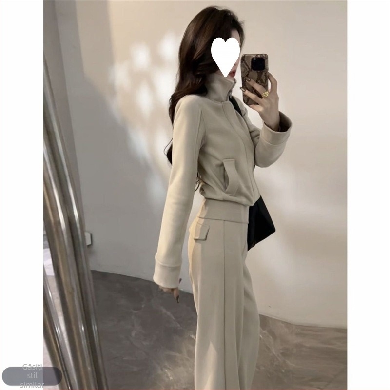 Set casual din două piese: Top T‑shirt, mâneci lungi, lână de miel, PVC țesătură, Top Set