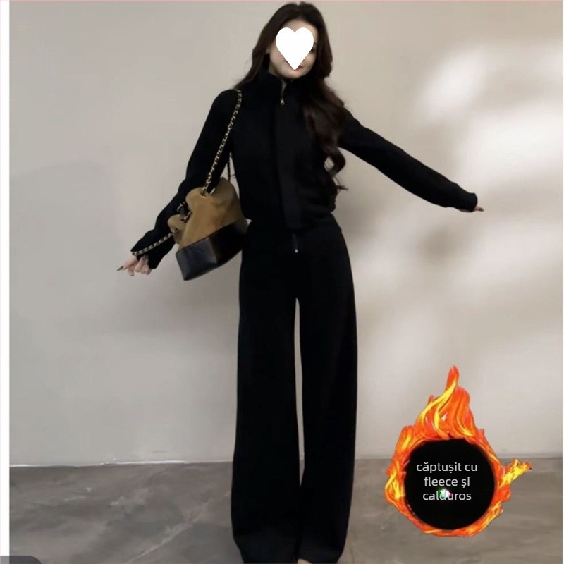 Set casual din două piese: Top T‑shirt, mâneci lungi, lână de miel, PVC țesătură, Top Set