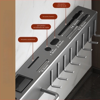 Organizator de bucătărie montat pe perete pentru cuțite și tacâmuri – fără găuri, din oțel carbon, design cu agățare, lansare primăvara 2023