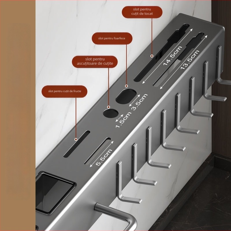 Organizator de bucătărie montat pe perete pentru cuțite și tacâmuri – fără găuri, din oțel carbon, design cu agățare, lansare primăvara 2023