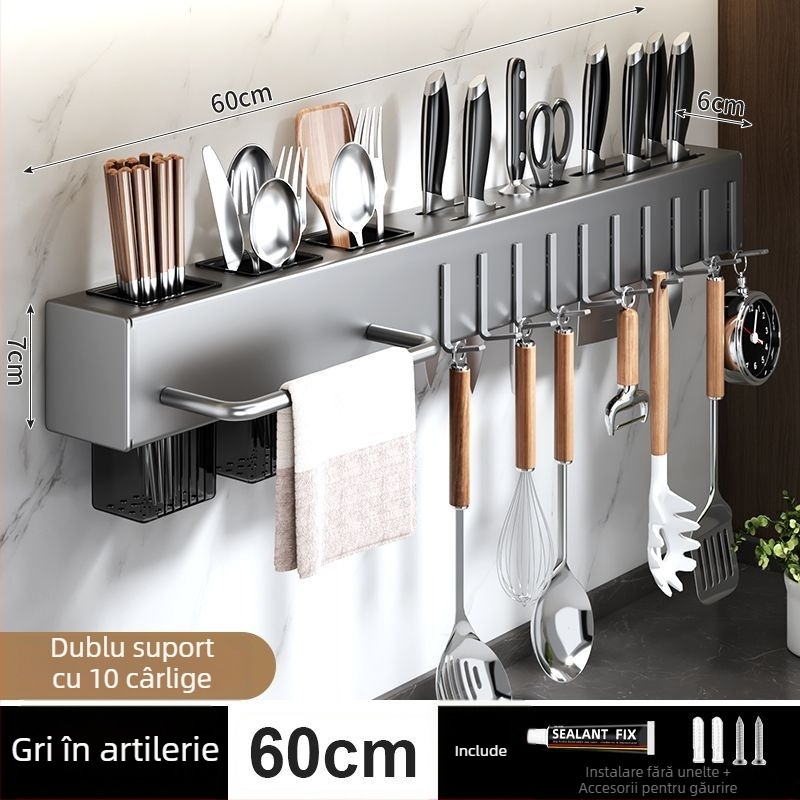 Organizator de bucătărie montat pe perete pentru cuțite și tacâmuri – fără găuri, din oțel carbon, design cu agățare, lansare primăvara 2023