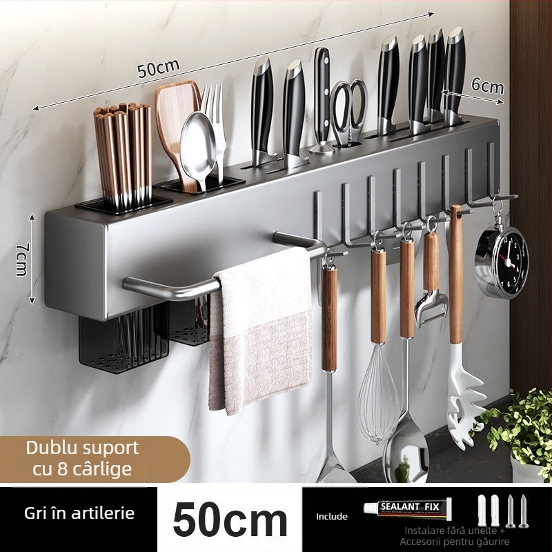 Organizator de bucătărie montat pe perete pentru cuțite și tacâmuri – fără găuri, din oțel carbon, design cu agățare, lansare primăvara 2023