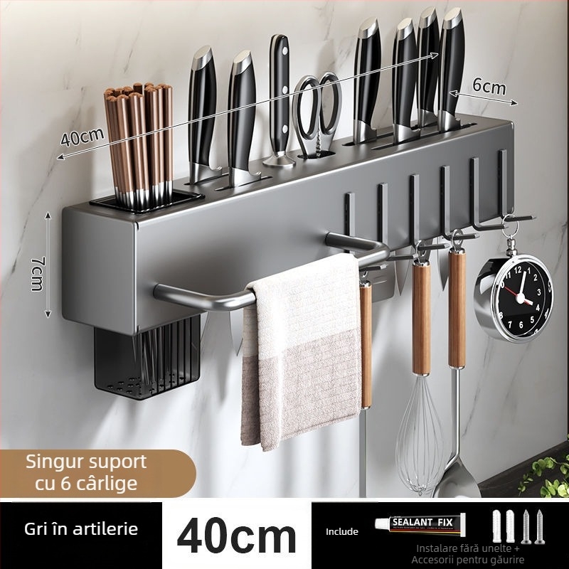 Organizator de bucătărie montat pe perete pentru cuțite și tacâmuri – fără găuri, din oțel carbon, design cu agățare, lansare primăvara 2023