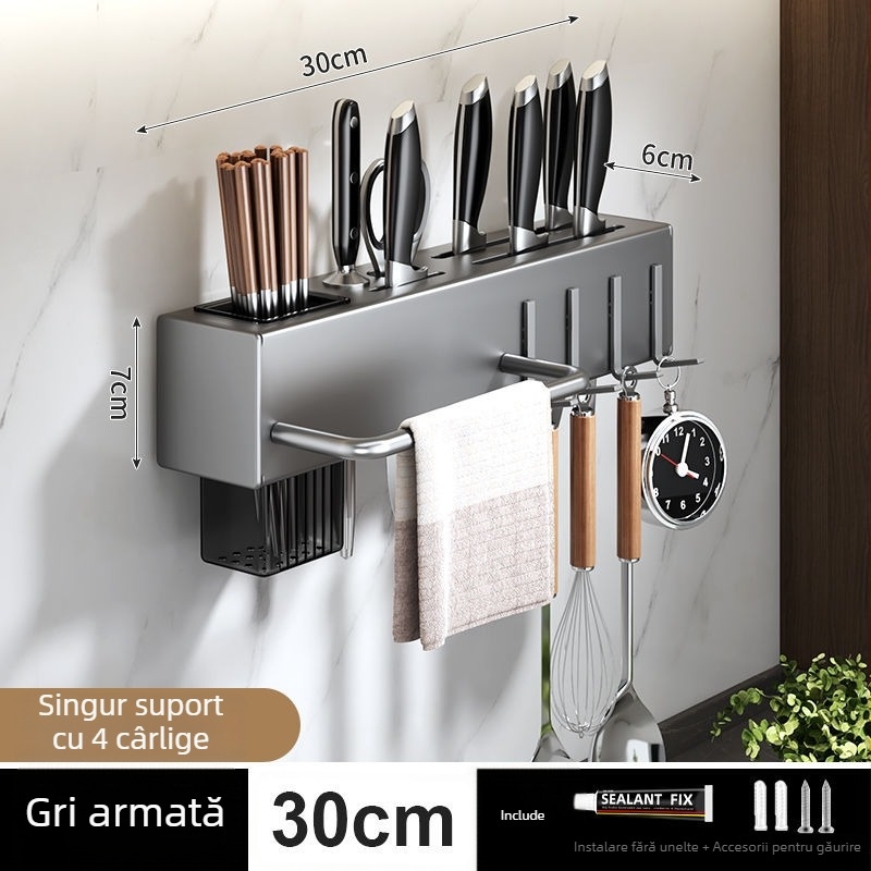 Organizator de bucătărie montat pe perete pentru cuțite și tacâmuri – fără găuri, din oțel carbon, design cu agățare, lansare primăvara 2023