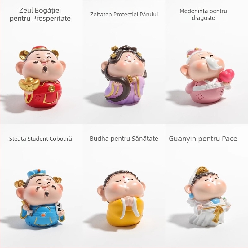 Decor de birou Amitabha Buddha și Zeul Bogăției, rășină, stil drăguț, cadou pentru coleg de clasă la ziua de naștere sau Crăciun