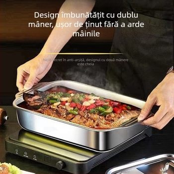 Tavă din oțel inoxidabil cu capac pentru pește, tavă adâncă dreptunghiulară pentru plite cu inducție, farfurie de grătar profesională pentru raci