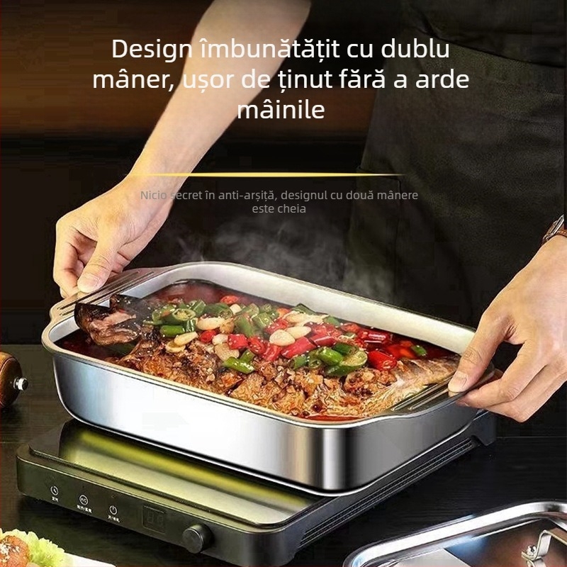 Tavă din oțel inoxidabil cu capac pentru pește, tavă adâncă dreptunghiulară pentru plite cu inducție, farfurie de grătar profesională pentru raci