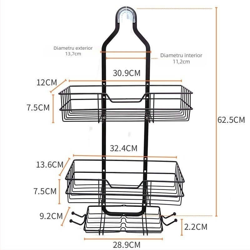 Raft de duș pentru baie, din fier, 3 etaje, Stil minimalist, finisaj electroplate și acoperire cu pulbere, sarcină 1–5 kg