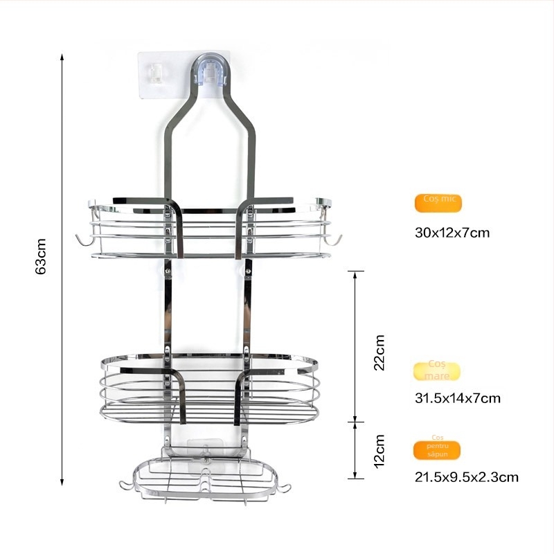 Raft de duș pentru baie, din fier, 3 etaje, Stil minimalist, finisaj electroplate și acoperire cu pulbere, sarcină 1–5 kg