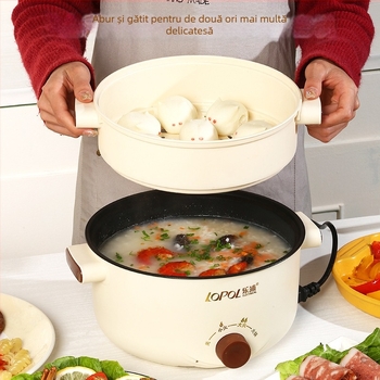 Oală electrică multifuncțională cu vas interior ceramic, capacitate 3-4 L, 801–1000 W, corp din plastic, control prin buton rotativ, protecție împotriva uscării, multi-funcțional: abur, fierbere, sotare, gătire