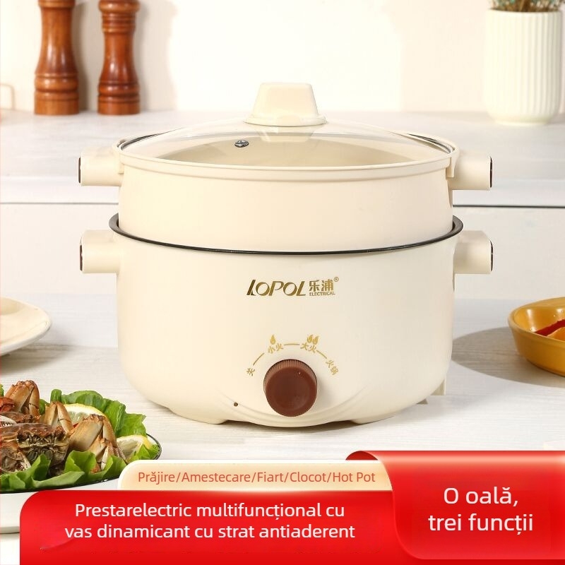 Oală electrică multifuncțională cu vas interior ceramic, capacitate 3-4 L, 801–1000 W, corp din plastic, control prin buton rotativ, protecție împotriva uscării, multi-funcțional: abur, fierbere, sotare, gătire