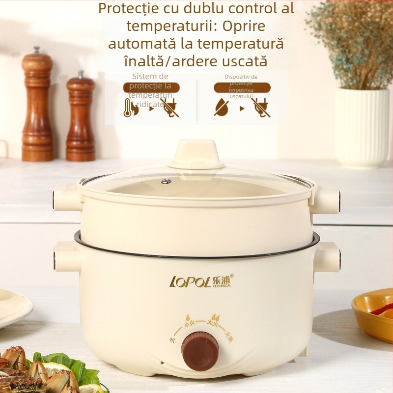 Oală electrică multifuncțională cu vas interior ceramic, capacitate 3-4 L, 801–1000 W, corp din plastic, control prin buton rotativ, protecție împotriva uscării, multi-funcțional: abur, fierbere, sotare, gătire