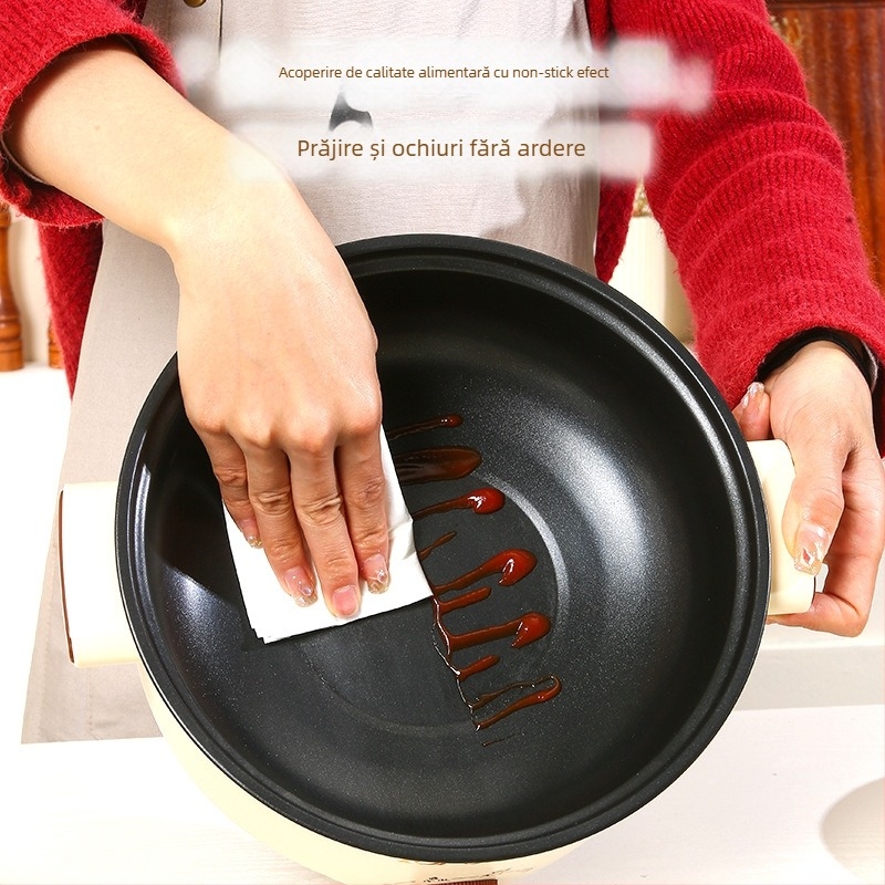 Oală electrică multifuncțională cu vas interior ceramic, capacitate 3-4 L, 801–1000 W, corp din plastic, control prin buton rotativ, protecție împotriva uscării, multi-funcțional: abur, fierbere, sotare, gătire