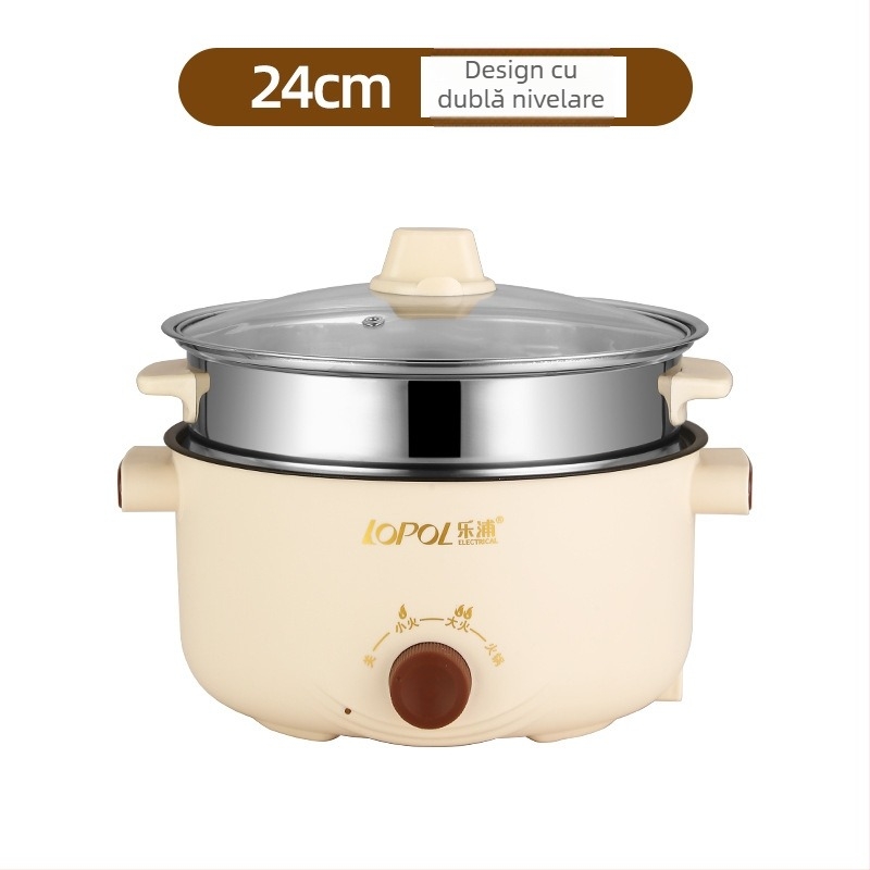 Oală electrică multifuncțională cu vas interior ceramic, capacitate 3-4 L, 801–1000 W, corp din plastic, control prin buton rotativ, protecție împotriva uscării, multi-funcțional: abur, fierbere, sotare, gătire