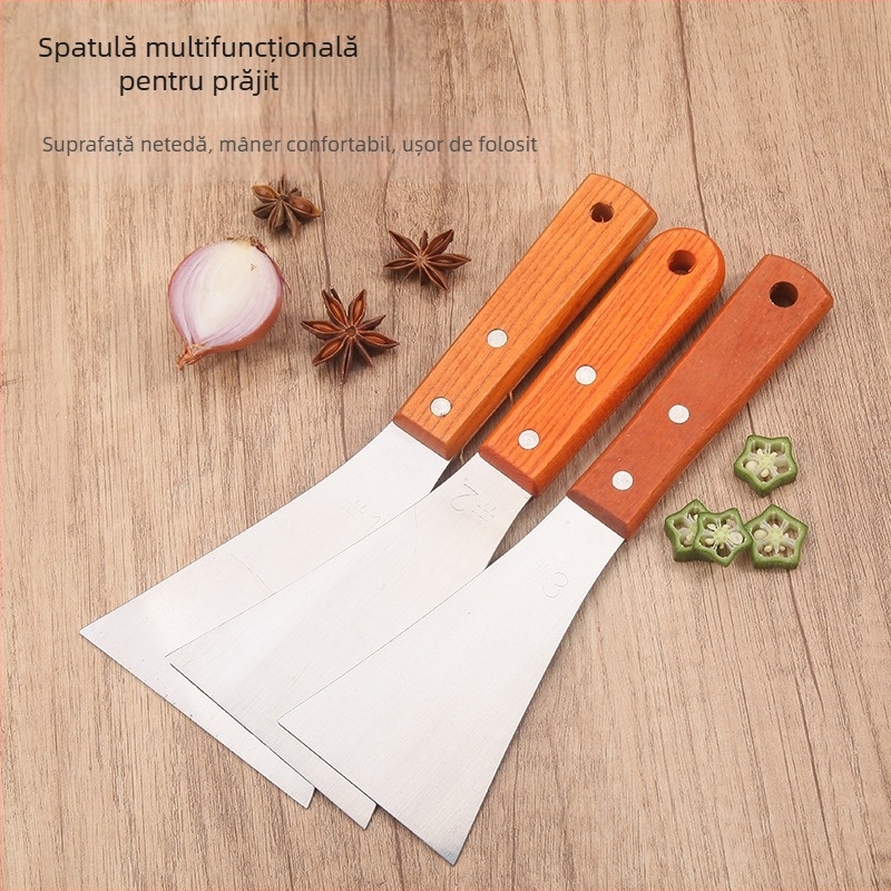 Spatulă de bucătărie cu mâner din lemn și lamă din oțel inoxidabil; antialunecare, rezistentă la temperaturi înalte, protecție împotriva arsurilor; unealtă de bucătărie multifuncțională
