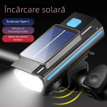 HARONBK Lampa frontală pentru bicicletă cu încărcare solară, horn și claxon, LED puternic pentru ciclism montan noaptea