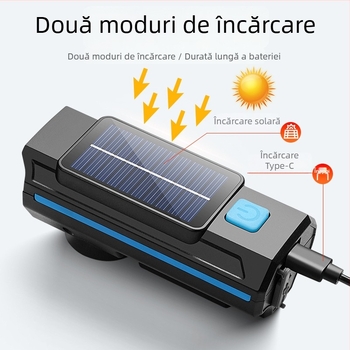 HARONBK Lampa frontală pentru bicicletă cu încărcare solară, horn și claxon, LED puternic pentru ciclism montan noaptea