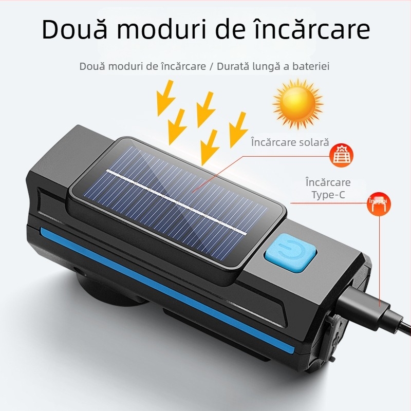 HARONBK Lampa frontală pentru bicicletă cu încărcare solară, horn și claxon, LED puternic pentru ciclism montan noaptea