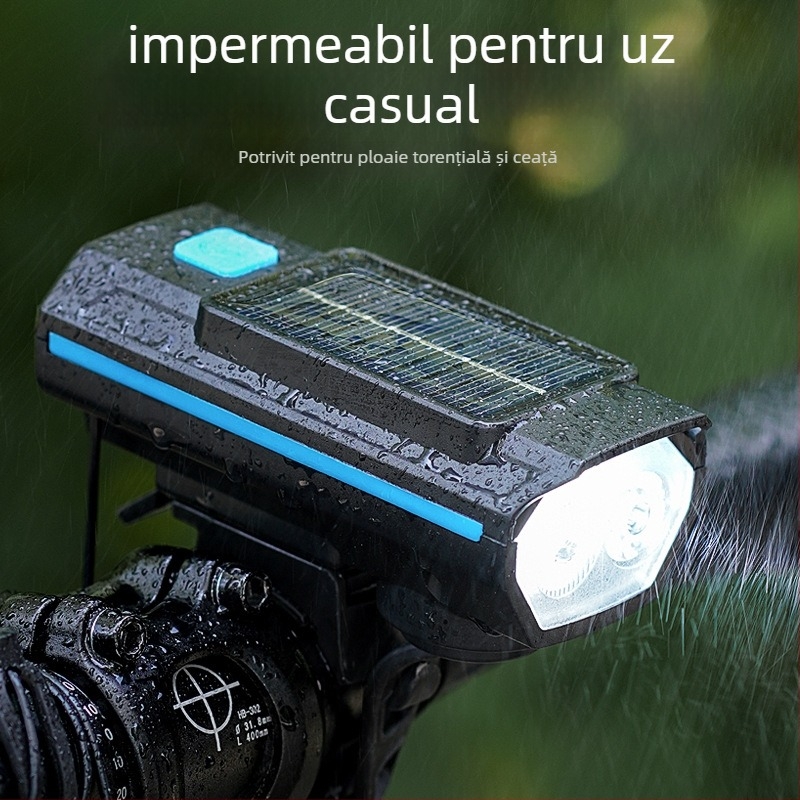 HARONBK Lampa frontală pentru bicicletă cu încărcare solară, horn și claxon, LED puternic pentru ciclism montan noaptea