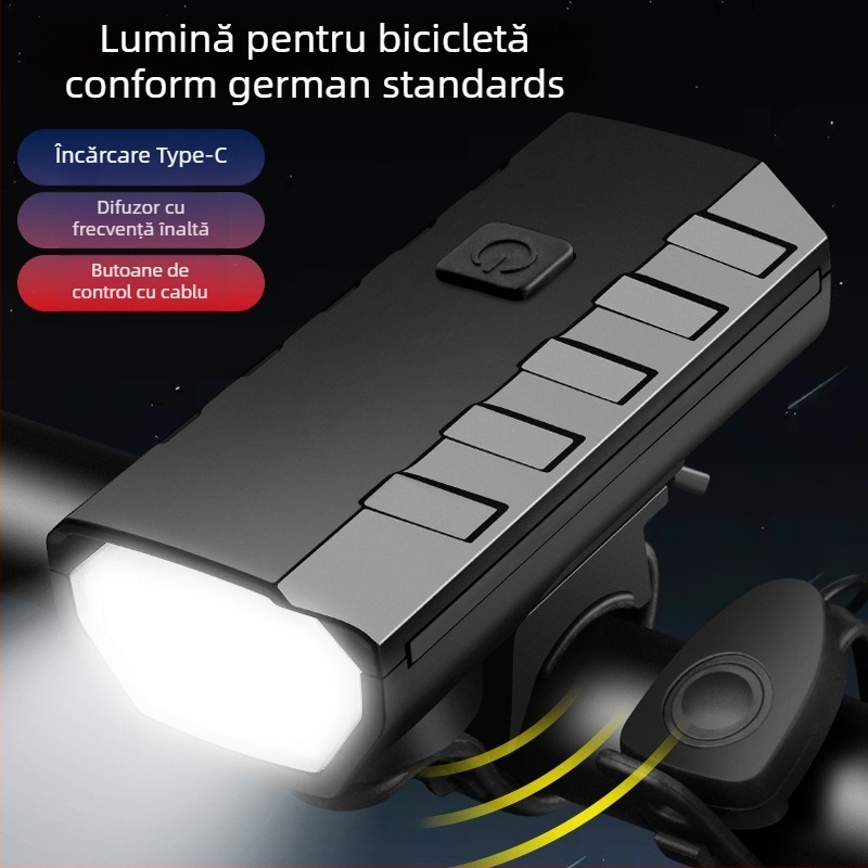 HARONBK Lampa frontală pentru bicicletă cu încărcare solară, horn și claxon, LED puternic pentru ciclism montan noaptea