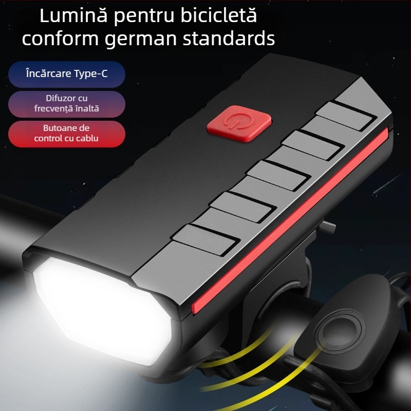 HARONBK Lampa frontală pentru bicicletă cu încărcare solară, horn și claxon, LED puternic pentru ciclism montan noaptea