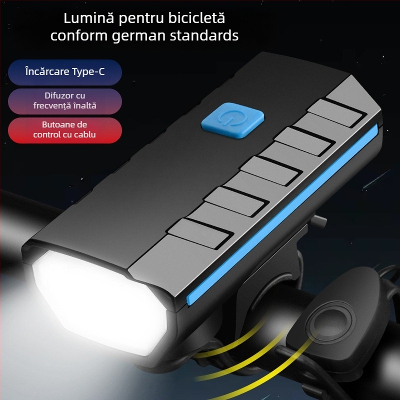 HARONBK Lampa frontală pentru bicicletă cu încărcare solară, horn și claxon, LED puternic pentru ciclism montan noaptea
