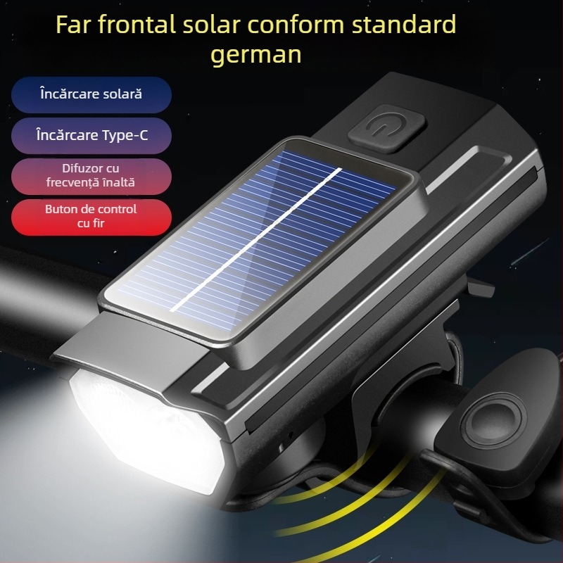 HARONBK Lampa frontală pentru bicicletă cu încărcare solară, horn și claxon, LED puternic pentru ciclism montan noaptea