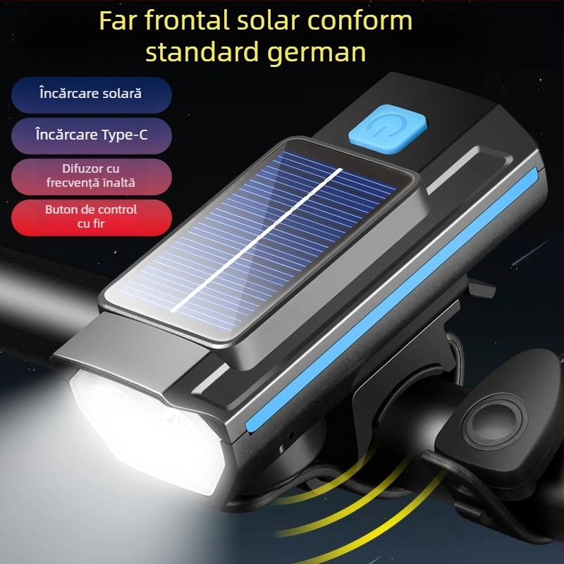 HARONBK Lampa frontală pentru bicicletă cu încărcare solară, horn și claxon, LED puternic pentru ciclism montan noaptea