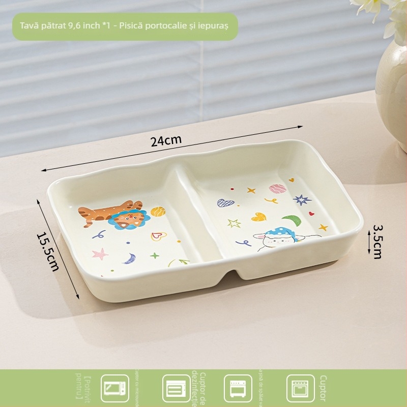 Tava ceramică pentru air fryer cu mâneri duble, model desen animat, formă neregulată