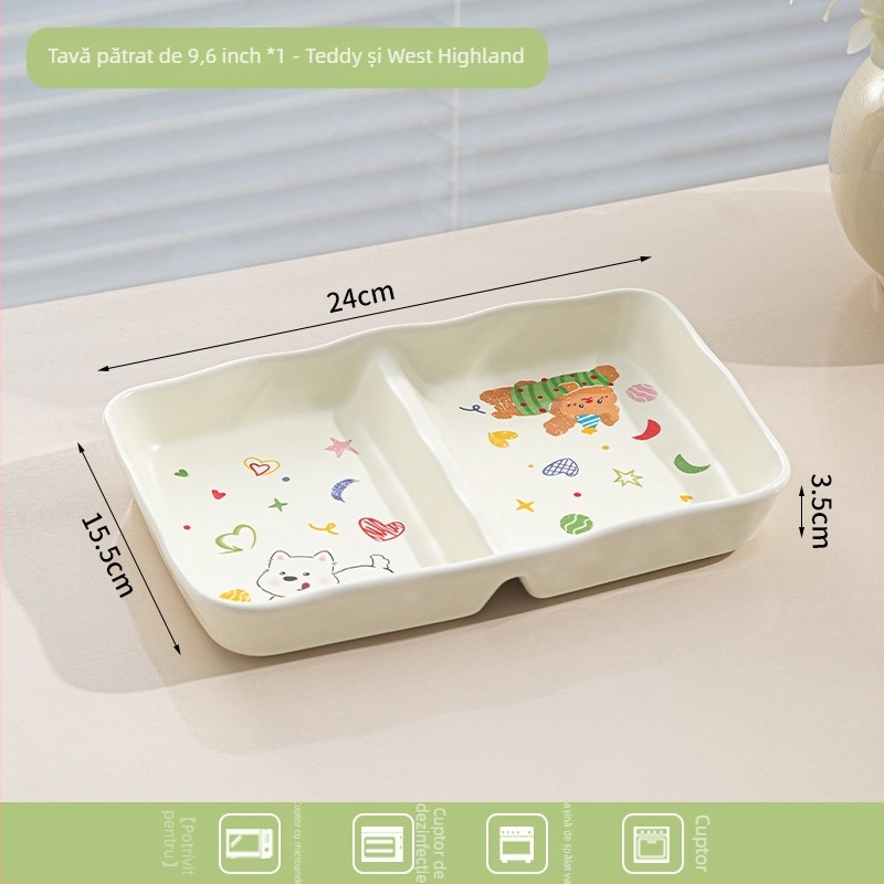 Tava ceramică pentru air fryer cu mâneri duble, model desen animat, formă neregulată