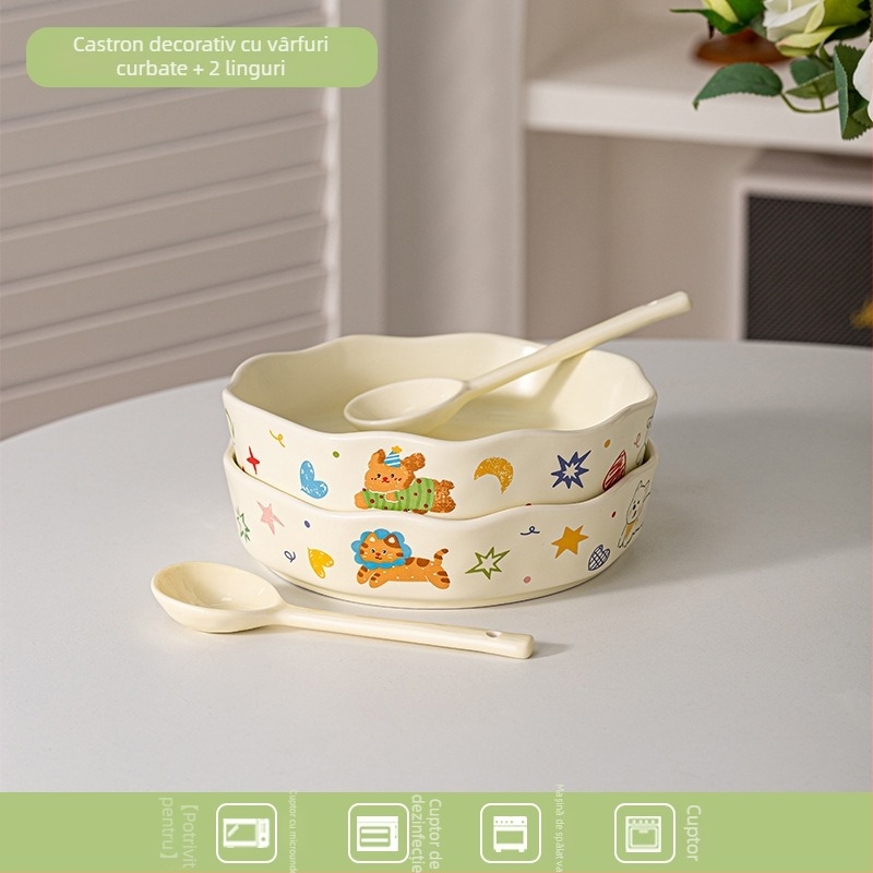 Tava ceramică pentru air fryer cu mâneri duble, model desen animat, formă neregulată