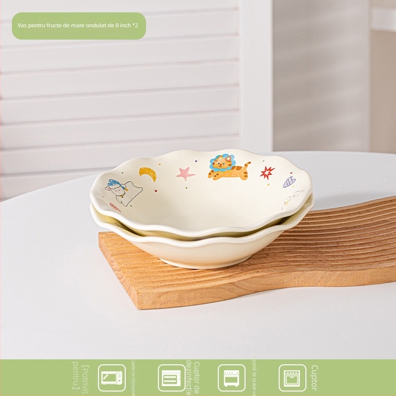 Tava ceramică pentru air fryer cu mâneri duble, model desen animat, formă neregulată