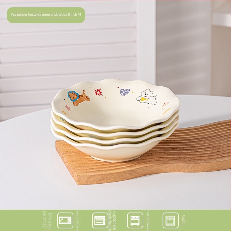 Tava ceramică pentru air fryer cu mâneri duble, model desen animat, formă neregulată