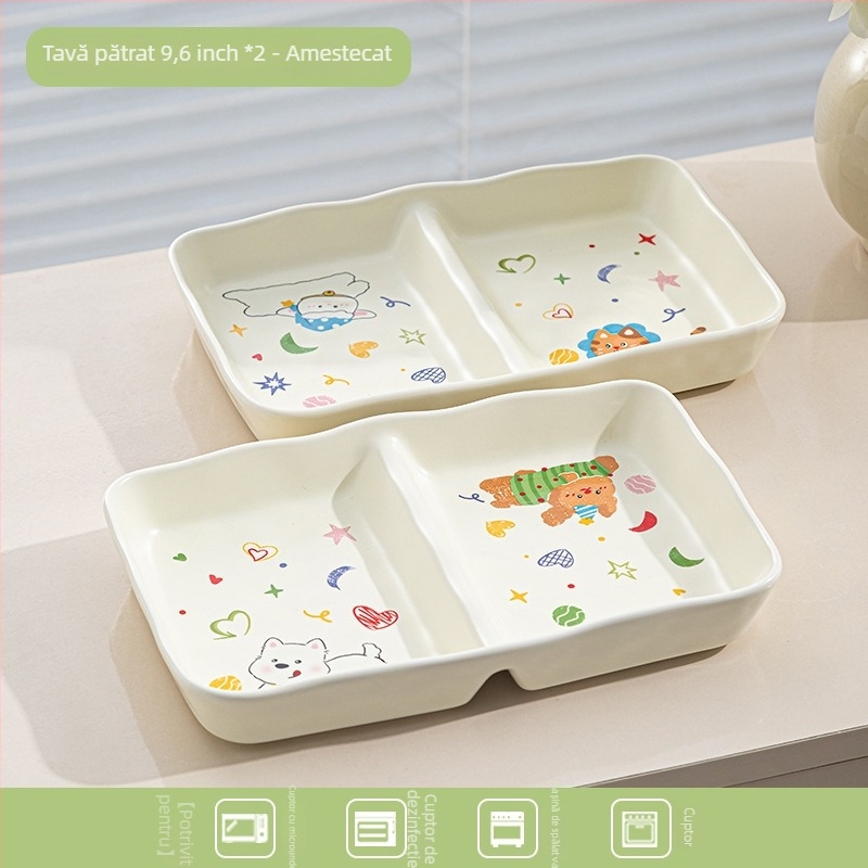 Tava ceramică pentru air fryer cu mâneri duble, model desen animat, formă neregulată