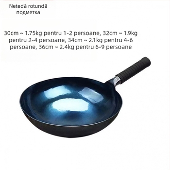 Wok din fontă, netencuit, antiaderent, capac din lemn, fund simplu, adâncime 11