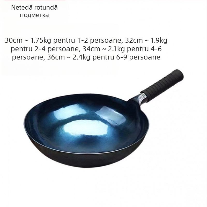 Wok din fontă, netencuit, antiaderent, capac din lemn, fund simplu, adâncime 11