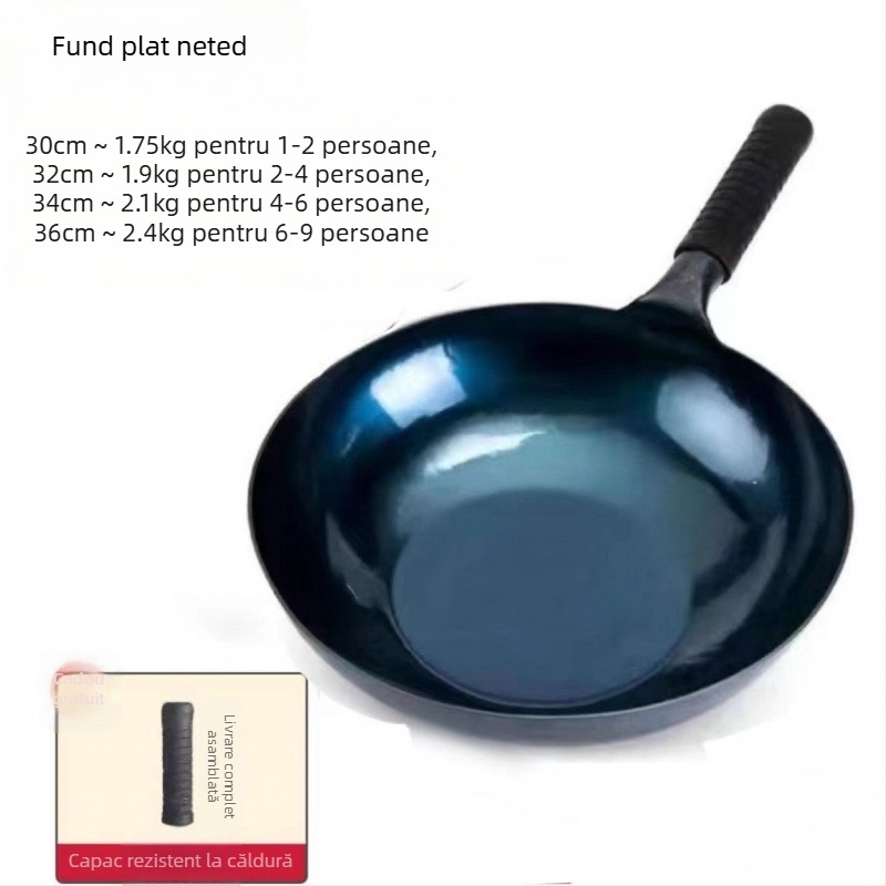 Wok din fontă, netencuit, antiaderent, capac din lemn, fund simplu, adâncime 11