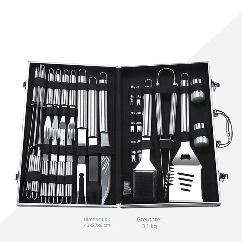 Set de unelte pentru grătar cu cuțit, clemă, perie, furcă și lopată - oțel inoxidabil, Yongfa