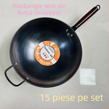 Wok din fier fin, antiaderent, fund rotund, greutate 900 g, stil chinezesc