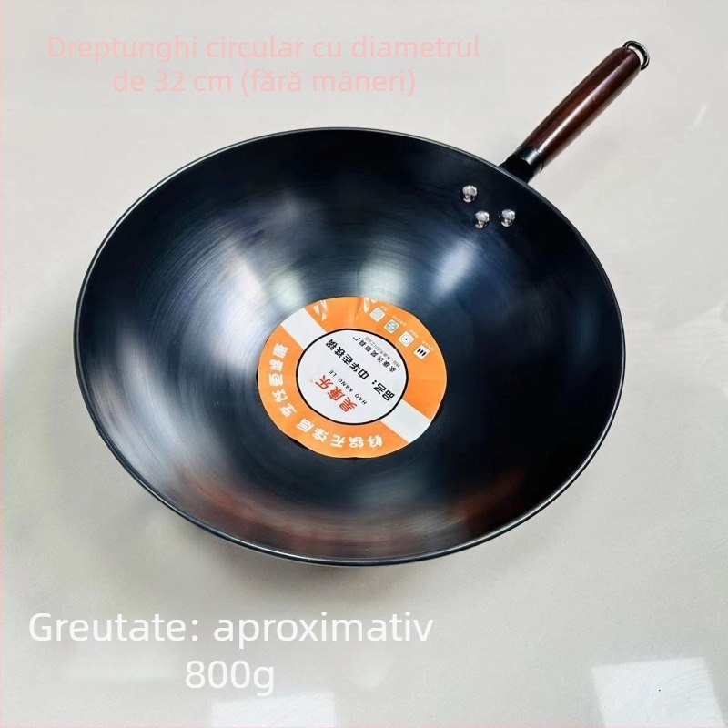 Wok din fier fin, antiaderent, fund rotund, greutate 900 g, stil chinezesc