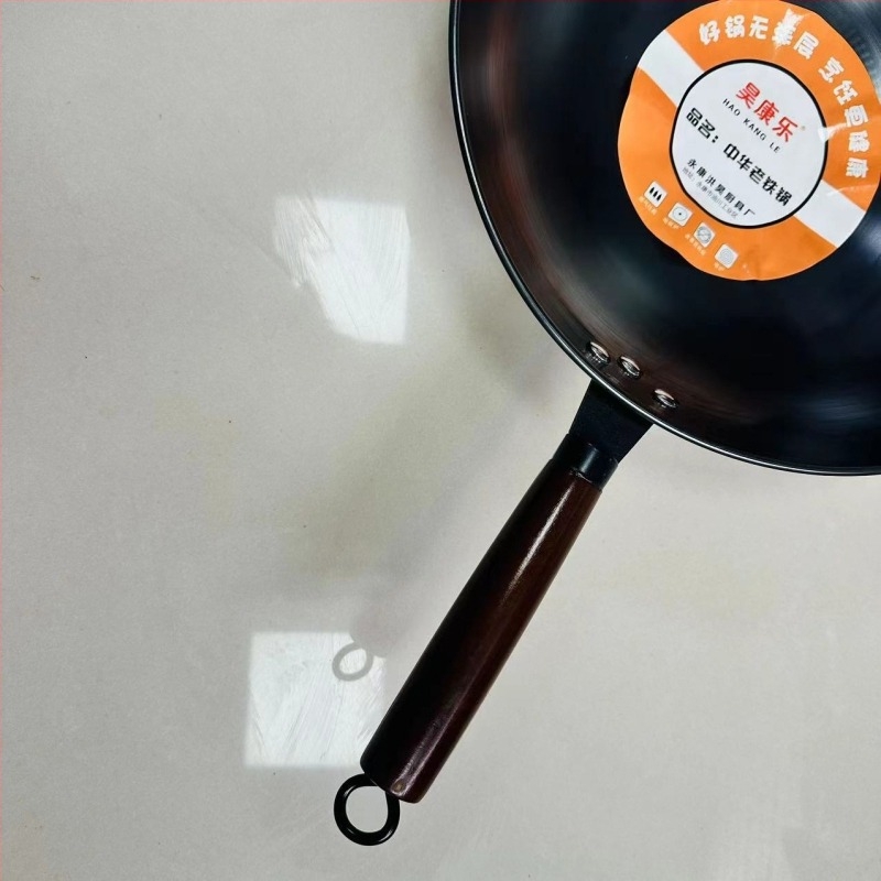 Wok din fier fin, antiaderent, fund rotund, greutate 900 g, stil chinezesc