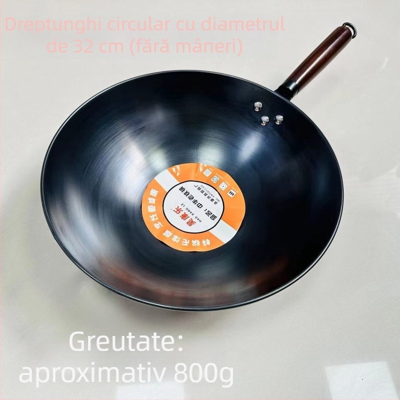 Wok din fier fin, antiaderent, fund rotund, greutate 900 g, stil chinezesc
