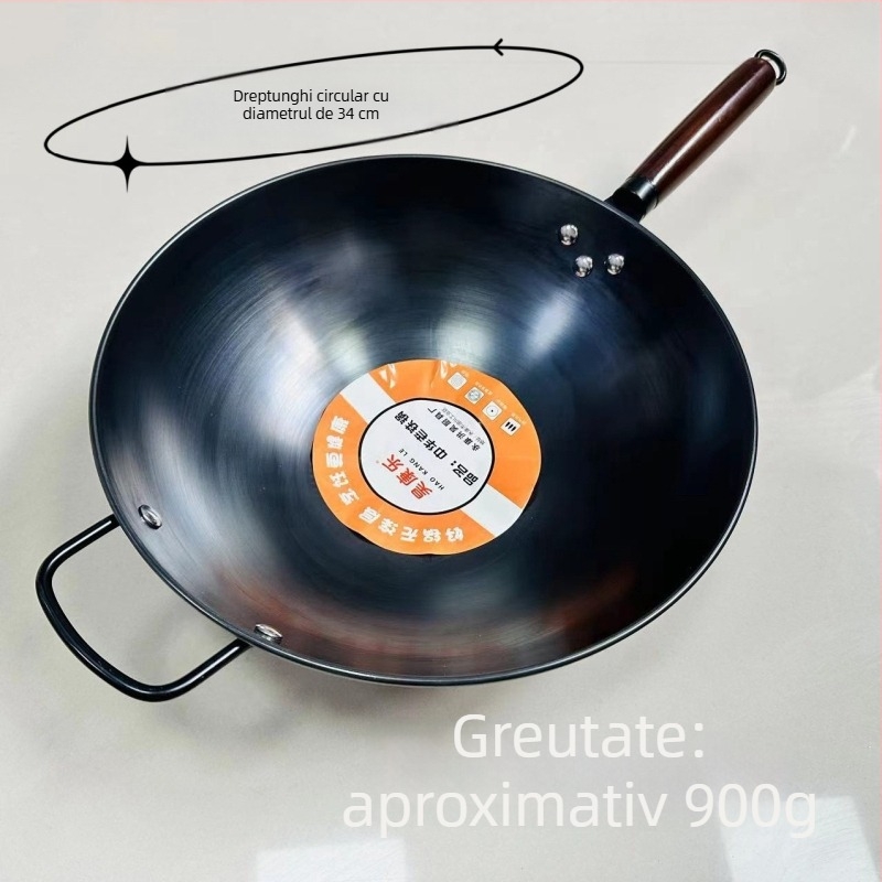 Wok din fier fin, antiaderent, fund rotund, greutate 900 g, stil chinezesc
