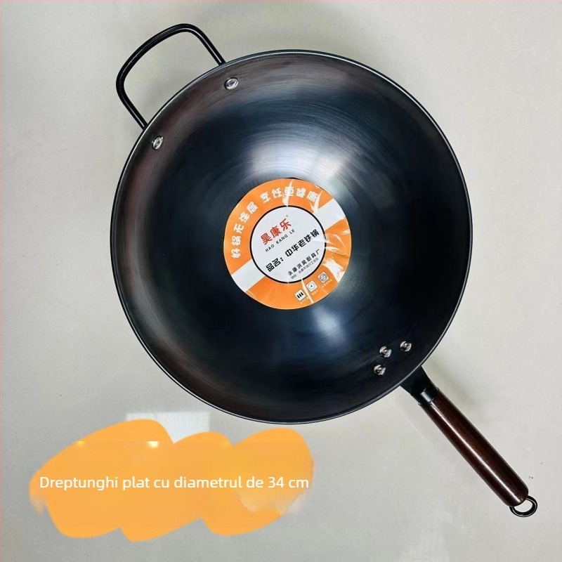 Wok din fier fin, antiaderent, fund rotund, greutate 900 g, stil chinezesc
