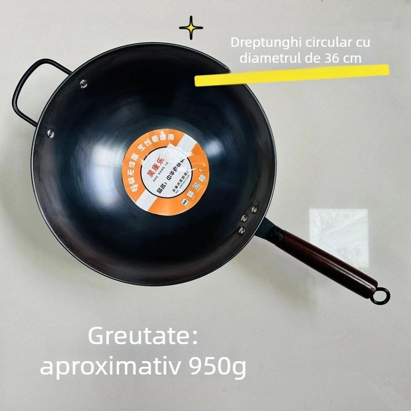 Wok din fier fin, antiaderent, fund rotund, greutate 900 g, stil chinezesc