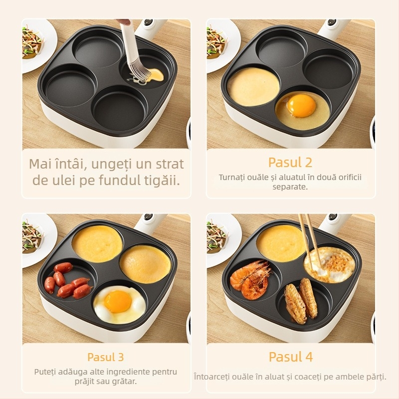 Tigaie antiaderentă cu patru găuri pentru omletă și burgeri, aliaj de aluminiu, compatibilă cu toate plitele, posibilitatea personalizării mărcii