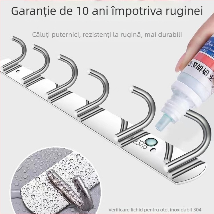 Cuier organizator din oțel inoxidabil, montat pe perete pentru bucătărie și baie, fără găuri, design cu un singur rând (Material: oțel inoxidabil; Capacitate de încărcare: 30 kg; Finisaj: polisat; Stil: Lux ușor)