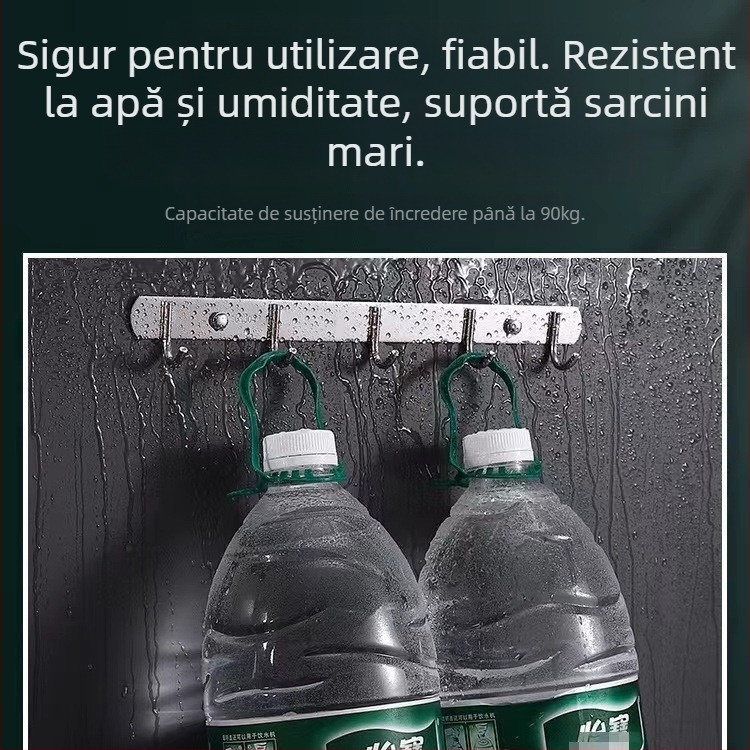 Cuier organizator din oțel inoxidabil, montat pe perete pentru bucătărie și baie, fără găuri, design cu un singur rând (Material: oțel inoxidabil; Capacitate de încărcare: 30 kg; Finisaj: polisat; Stil: Lux ușor)