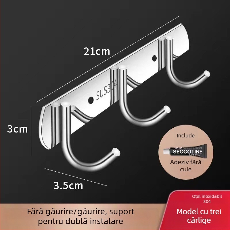 Cuier organizator din oțel inoxidabil, montat pe perete pentru bucătărie și baie, fără găuri, design cu un singur rând (Material: oțel inoxidabil; Capacitate de încărcare: 30 kg; Finisaj: polisat; Stil: Lux ușor)